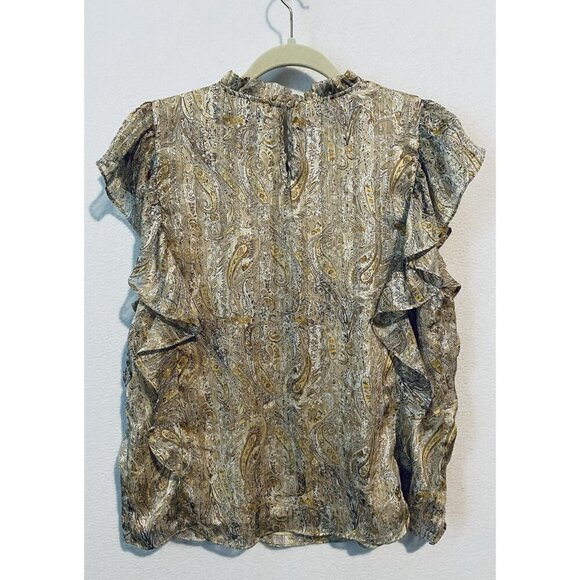 Joie Top Womens Large Beige Paisley Gold Metallic Ruffle Flutter Sleeve Boho - Picture 4 of 8
